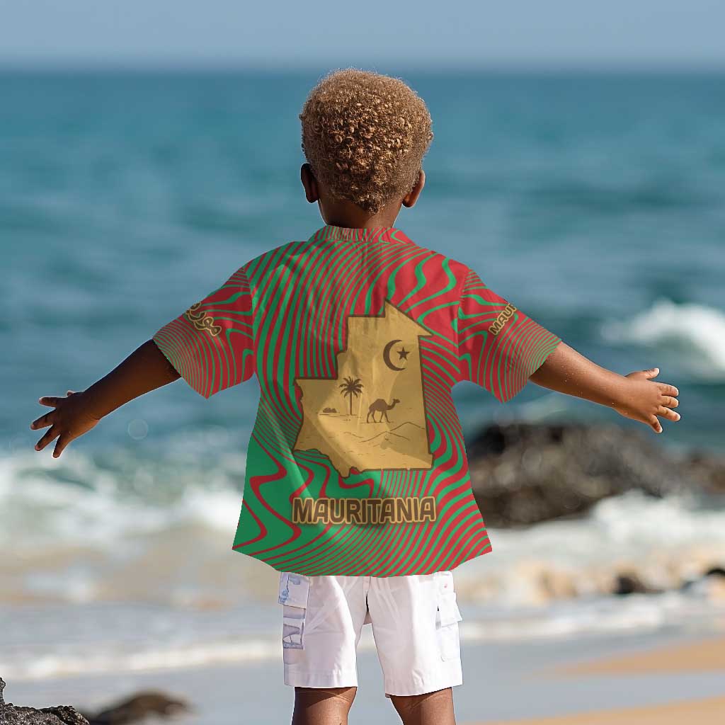 Mauritania Kid Hawaiian Shirt - Desert Camel Crescent Moon and Palm Tree Graphic in Red Green Gold Pattern