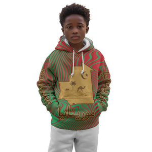 Mauritania Kid Hoodie - Desert Camel Crescent Moon and Palm Tree Graphic in Red Green Gold Pattern