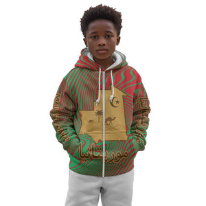 Mauritania Kid Hoodie - Desert Camel Crescent Moon and Palm Tree Graphic in Red Green Gold Pattern