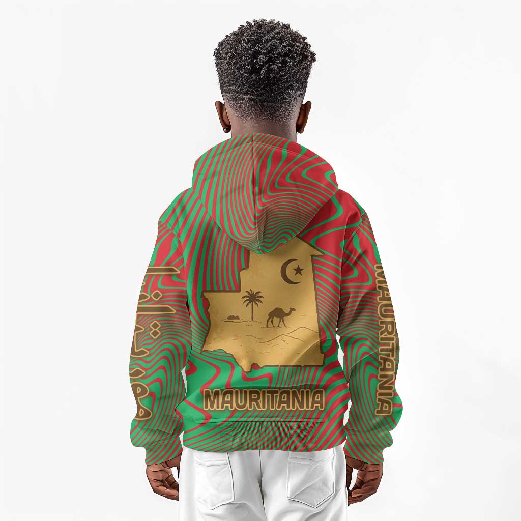Mauritania Kid Hoodie - Desert Camel Crescent Moon and Palm Tree Graphic in Red Green Gold Pattern