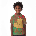 Mauritania Kid Polo Shirt - Desert Camel Crescent Moon and Palm Tree Graphic in Red Green Gold Pattern
