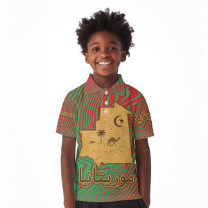Mauritania Kid Polo Shirt - Desert Camel Crescent Moon and Palm Tree Graphic in Red Green Gold Pattern