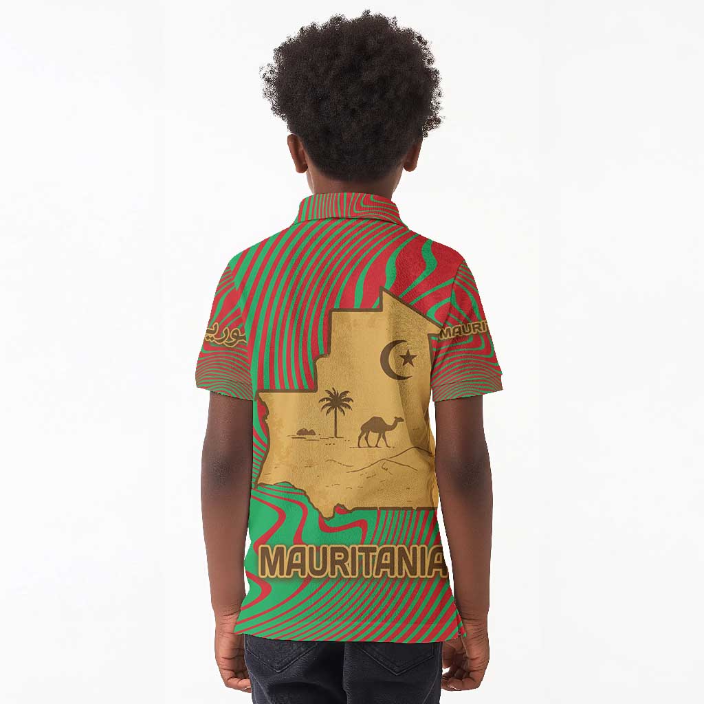 Mauritania Kid Polo Shirt - Desert Camel Crescent Moon and Palm Tree Graphic in Red Green Gold Pattern