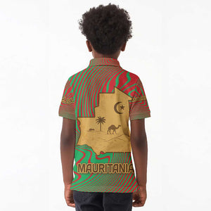 Mauritania Kid Polo Shirt - Desert Camel Crescent Moon and Palm Tree Graphic in Red Green Gold Pattern