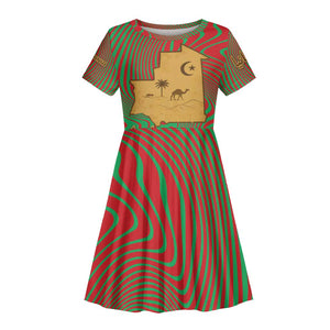 Mauritania Kid Short Sleeve Dress - Desert Camel Crescent Moon and Palm Tree Graphic in Red Green Gold Pattern