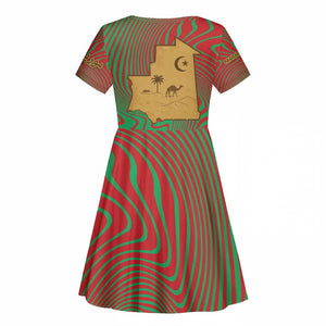 Mauritania Kid Short Sleeve Dress - Desert Camel Crescent Moon and Palm Tree Graphic in Red Green Gold Pattern