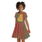Mauritania Kid Short Sleeve Dress - Desert Camel Crescent Moon and Palm Tree Graphic in Red Green Gold Pattern