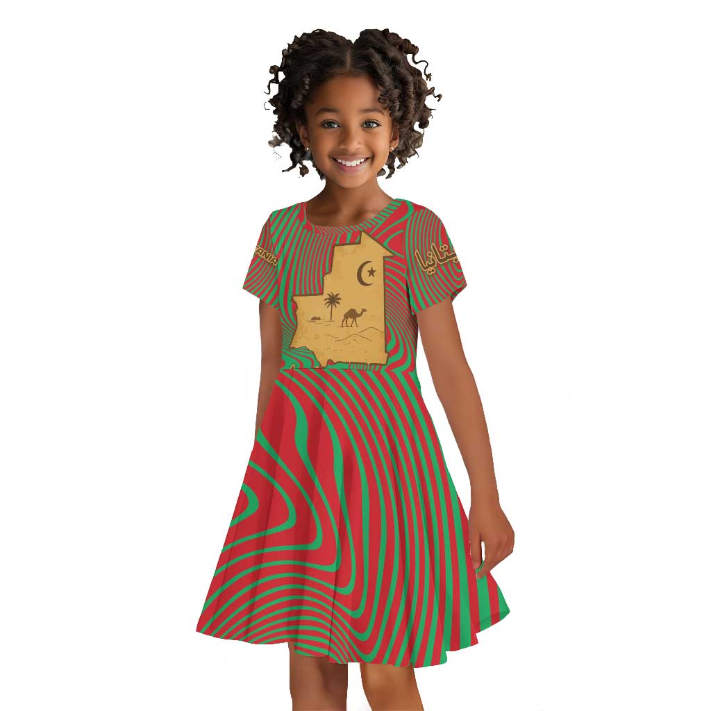 Mauritania Kid Short Sleeve Dress - Desert Camel Crescent Moon and Palm Tree Graphic in Red Green Gold Pattern