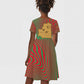 Mauritania Kid Short Sleeve Dress - Desert Camel Crescent Moon and Palm Tree Graphic in Red Green Gold Pattern
