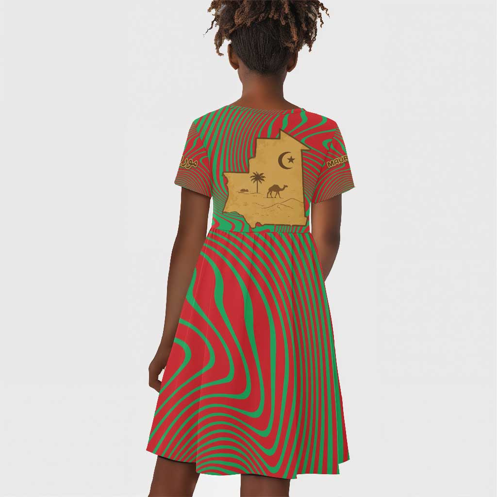 Mauritania Kid Short Sleeve Dress - Desert Camel Crescent Moon and Palm Tree Graphic in Red Green Gold Pattern