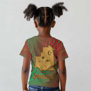 Mauritania Kid T shirt - Desert Camel Crescent Moon and Palm Tree Graphic in Red Green Gold Pattern