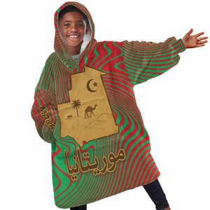 Mauritania Kid Wearable Blanket Hoodie - Desert Camel Crescent Moon and Palm Tree Graphic in Red Green Gold Pattern