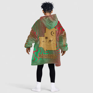 Mauritania Kid Wearable Blanket Hoodie - Desert Camel Crescent Moon and Palm Tree Graphic in Red Green Gold Pattern
