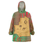 Mauritania Kid Wearable Blanket Hoodie - Desert Camel Crescent Moon and Palm Tree Graphic in Red Green Gold Pattern