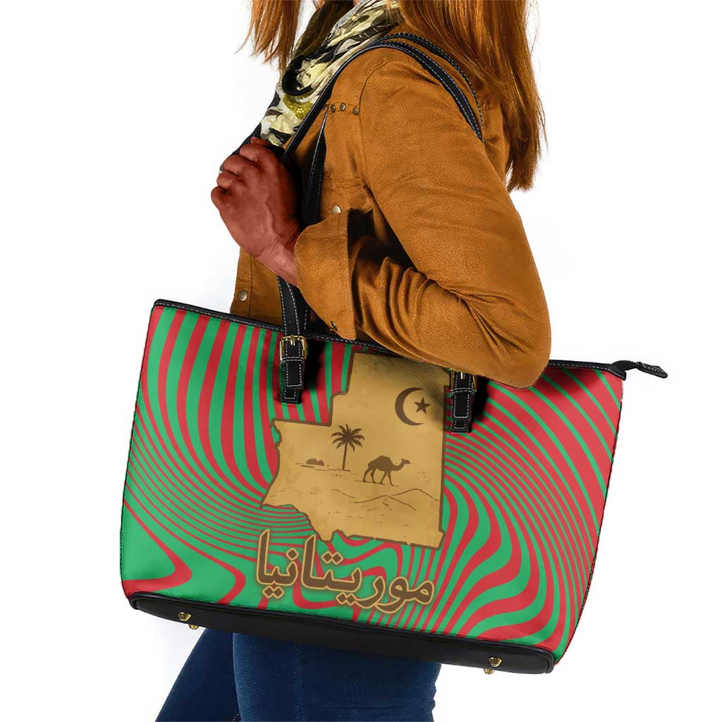 Mauritania Leather Tote Bag - Desert Camel Crescent Moon and Palm Tree Graphic in Red Green Gold Pattern