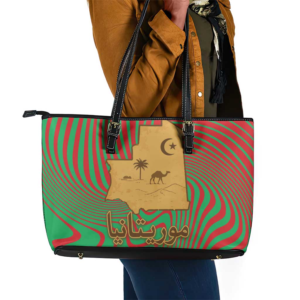 Mauritania Leather Tote Bag - Desert Camel Crescent Moon and Palm Tree Graphic in Red Green Gold Pattern