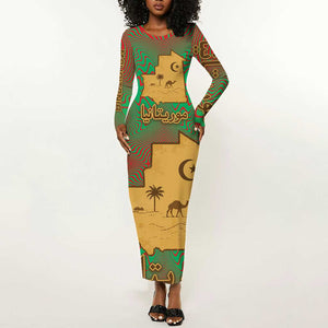 Mauritania Long Sleeve Bodycon Dress - Desert Camel Crescent Moon and Palm Tree Graphic in Red Green Gold Pattern TS04