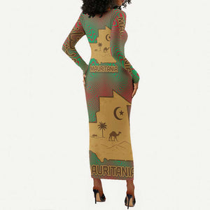 Mauritania Long Sleeve Bodycon Dress - Desert Camel Crescent Moon and Palm Tree Graphic in Red Green Gold Pattern TS04