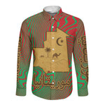 Mauritania Long Sleeve Button Shirt - Desert Camel Crescent Moon and Palm Tree Graphic in Red Green Gold Pattern