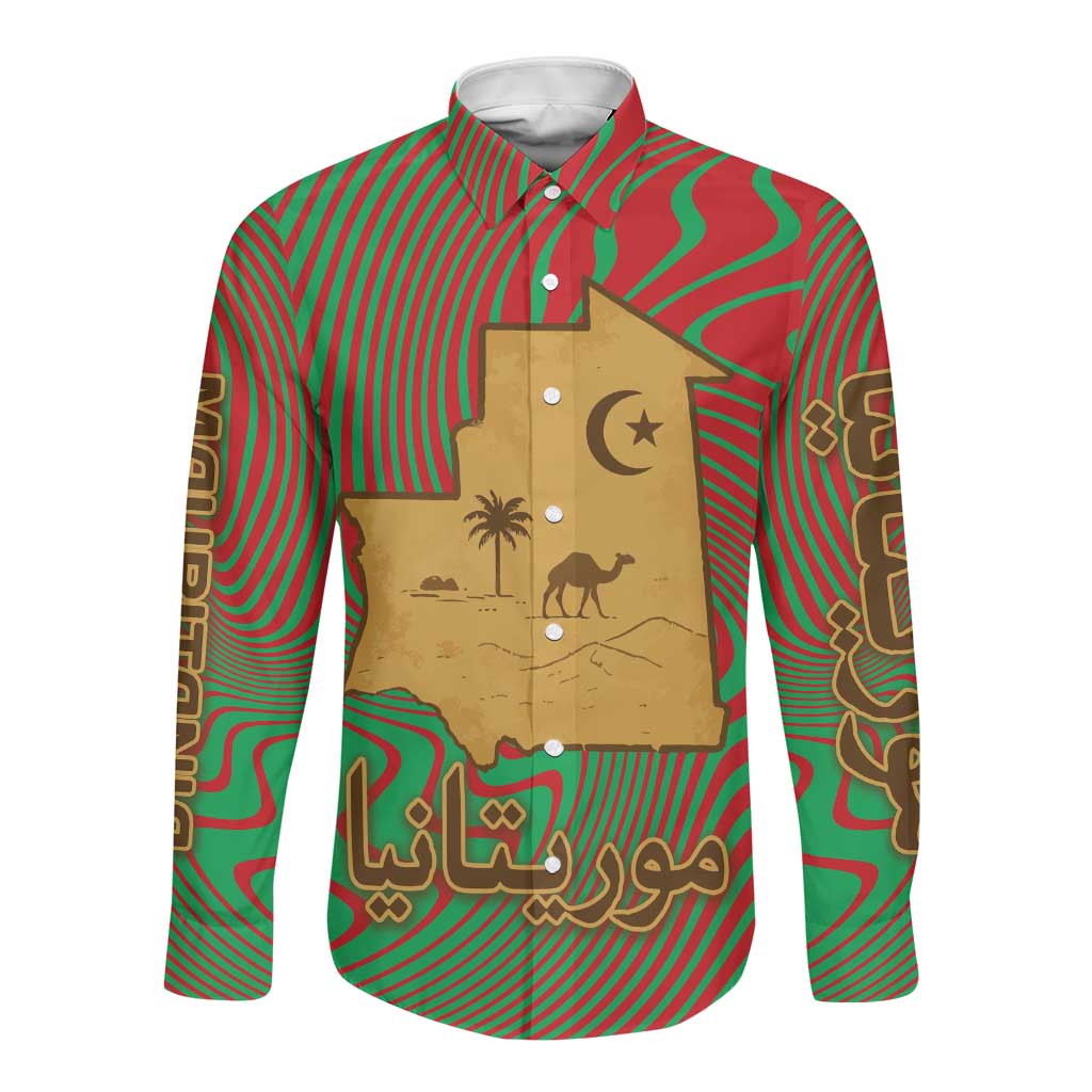 Mauritania Long Sleeve Button Shirt - Desert Camel Crescent Moon and Palm Tree Graphic in Red Green Gold Pattern