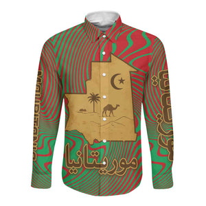 Mauritania Long Sleeve Button Shirt - Desert Camel Crescent Moon and Palm Tree Graphic in Red Green Gold Pattern