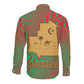 Mauritania Long Sleeve Button Shirt - Desert Camel Crescent Moon and Palm Tree Graphic in Red Green Gold Pattern