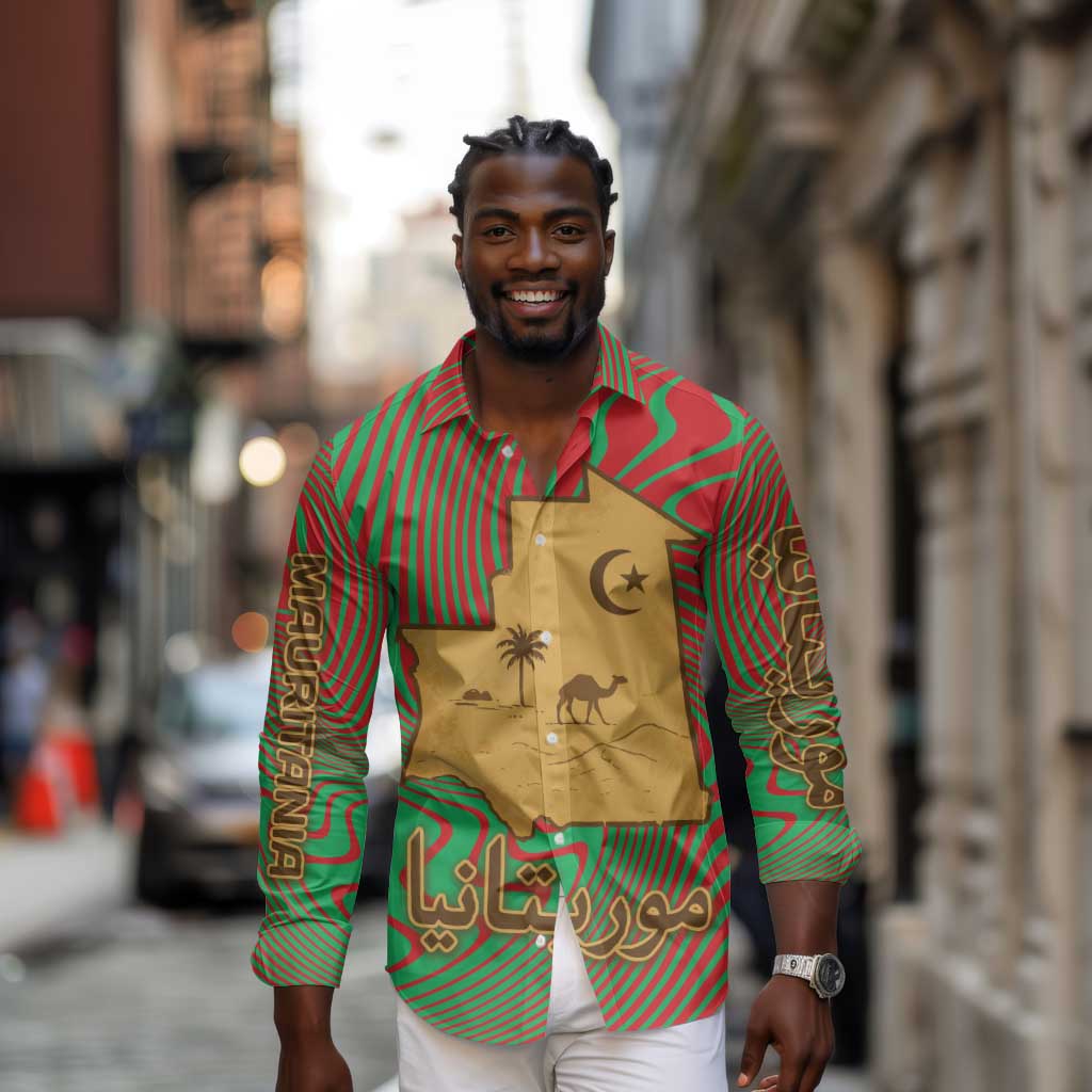 Mauritania Long Sleeve Button Shirt - Desert Camel Crescent Moon and Palm Tree Graphic in Red Green Gold Pattern
