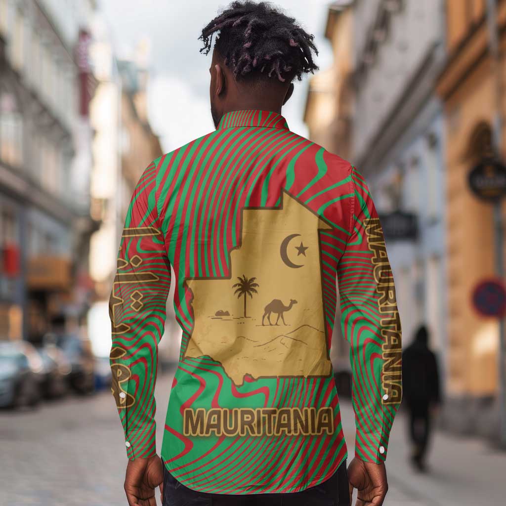 Mauritania Long Sleeve Button Shirt - Desert Camel Crescent Moon and Palm Tree Graphic in Red Green Gold Pattern