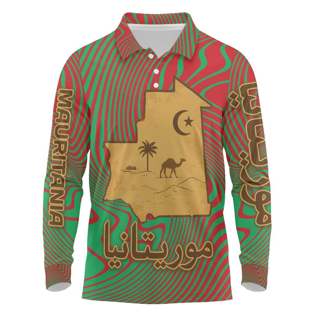 Mauritania Long Sleeve Polo Shirt - Desert Camel Crescent Moon and Palm Tree Graphic in Red Green Gold Pattern