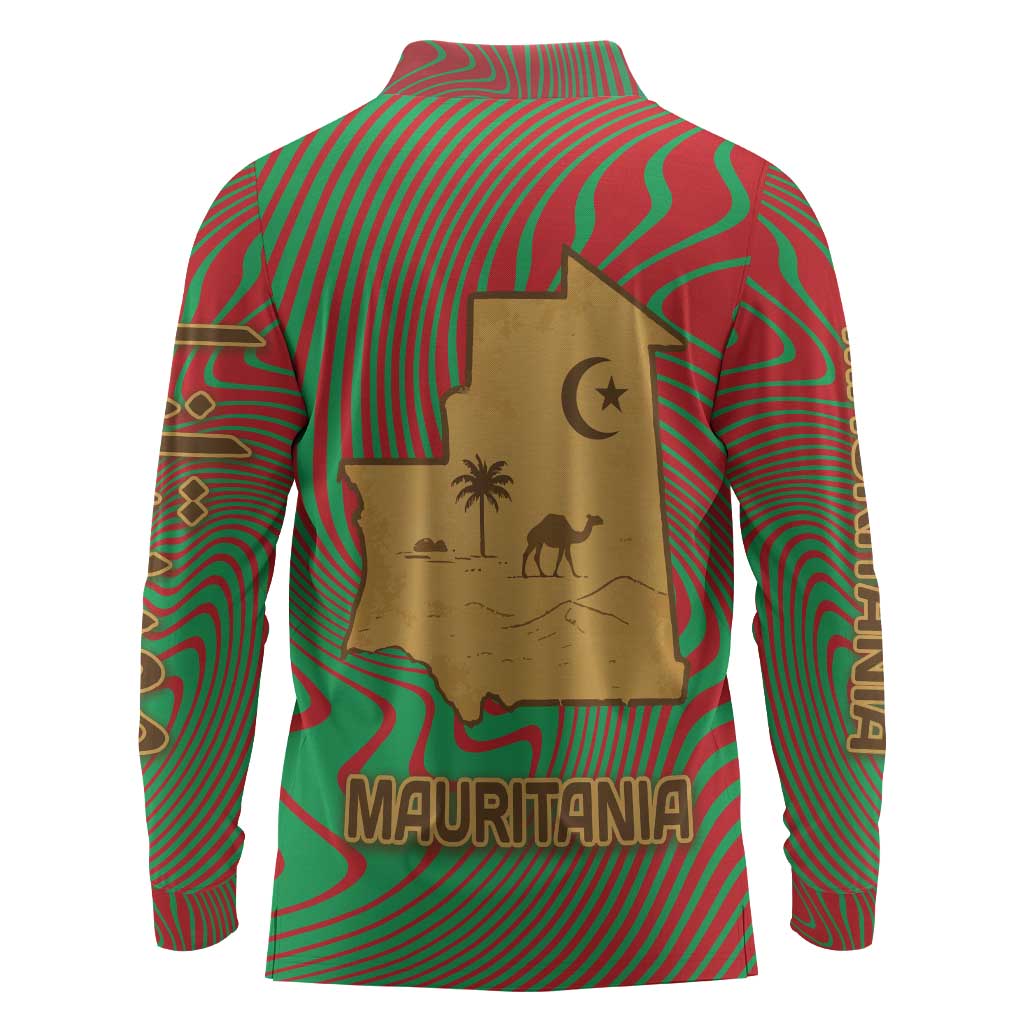 Mauritania Long Sleeve Polo Shirt - Desert Camel Crescent Moon and Palm Tree Graphic in Red Green Gold Pattern