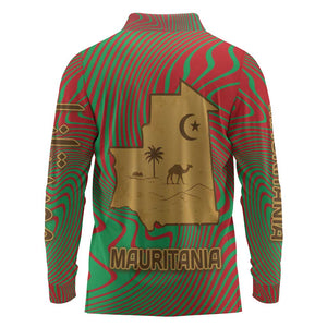 Mauritania Long Sleeve Polo Shirt - Desert Camel Crescent Moon and Palm Tree Graphic in Red Green Gold Pattern