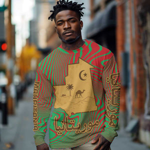 Mauritania Long Sleeve Shirt - Desert Camel Crescent Moon and Palm Tree Graphic in Red Green Gold Pattern