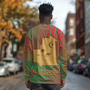Mauritania Long Sleeve Shirt - Desert Camel Crescent Moon and Palm Tree Graphic in Red Green Gold Pattern