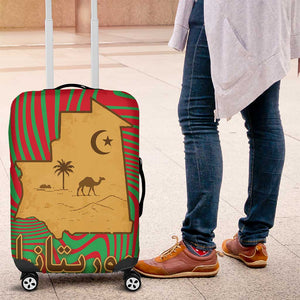 Mauritania Luggage Cover - Desert Camel Crescent Moon and Palm Tree Graphic in Red Green Gold Pattern