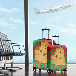 Mauritania Luggage Cover - Desert Camel Crescent Moon and Palm Tree Graphic in Red Green Gold Pattern