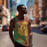 Mauritania Men Tank Top - Desert Camel Crescent Moon and Palm Tree Graphic in Red Green Gold Pattern