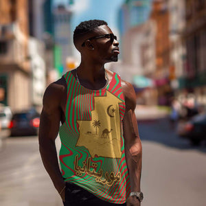 Mauritania Men Tank Top - Desert Camel Crescent Moon and Palm Tree Graphic in Red Green Gold Pattern