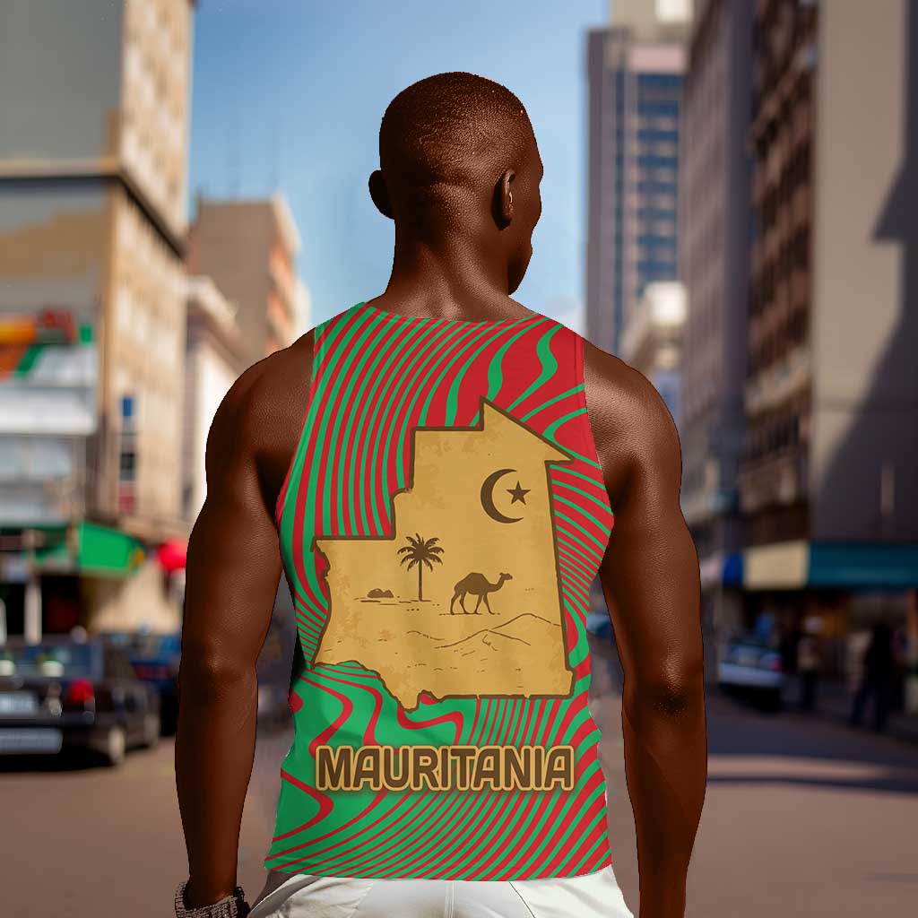 Mauritania Men Tank Top - Desert Camel Crescent Moon and Palm Tree Graphic in Red Green Gold Pattern