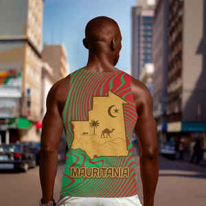 Mauritania Men Tank Top - Desert Camel Crescent Moon and Palm Tree Graphic in Red Green Gold Pattern