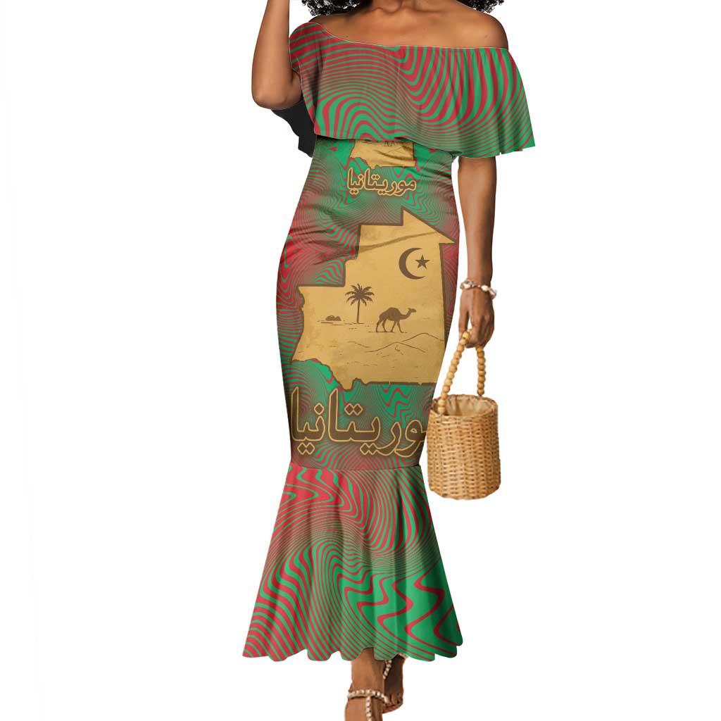 Mauritania Mermaid Dress - Desert Camel Crescent Moon and Palm Tree Graphic in Red Green Gold Pattern