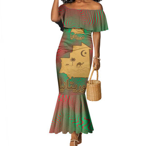 Mauritania Mermaid Dress - Desert Camel Crescent Moon and Palm Tree Graphic in Red Green Gold Pattern