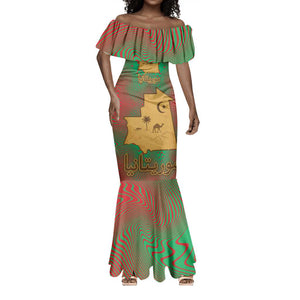 Mauritania Mermaid Dress - Desert Camel Crescent Moon and Palm Tree Graphic in Red Green Gold Pattern