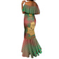 Mauritania Mermaid Dress - Desert Camel Crescent Moon and Palm Tree Graphic in Red Green Gold Pattern