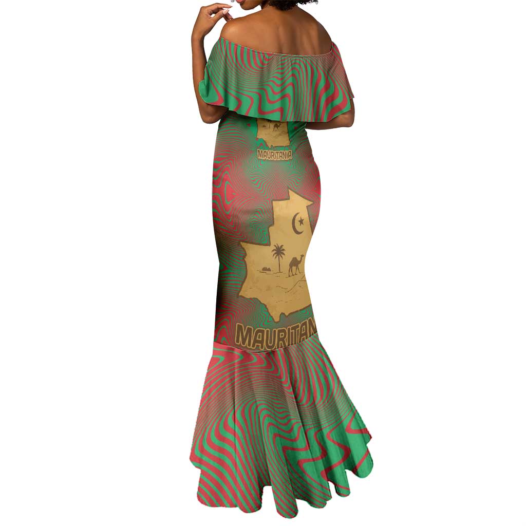 Mauritania Mermaid Dress - Desert Camel Crescent Moon and Palm Tree Graphic in Red Green Gold Pattern