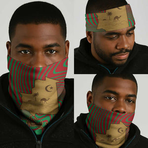 Mauritania Neck Gaiter - Desert Camel Crescent Moon and Palm Tree Graphic in Red Green Gold Pattern TS04