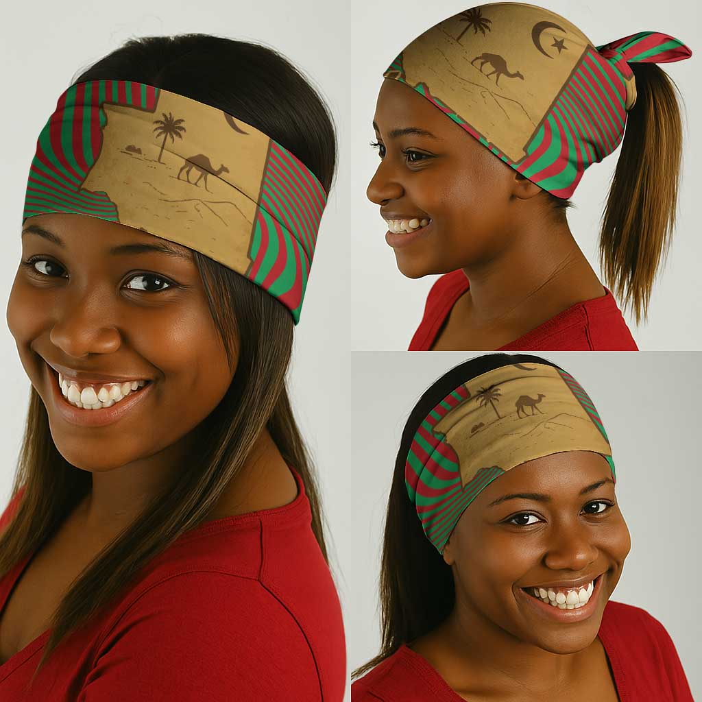 Mauritania Neck Gaiter - Desert Camel Crescent Moon and Palm Tree Graphic in Red Green Gold Pattern TS04