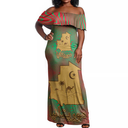 Mauritania Off Shoulder Maxi Dress - Desert Camel Crescent Moon and Palm Tree Graphic in Red Green Gold Pattern