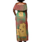 Mauritania Off Shoulder Maxi Dress - Desert Camel Crescent Moon and Palm Tree Graphic in Red Green Gold Pattern