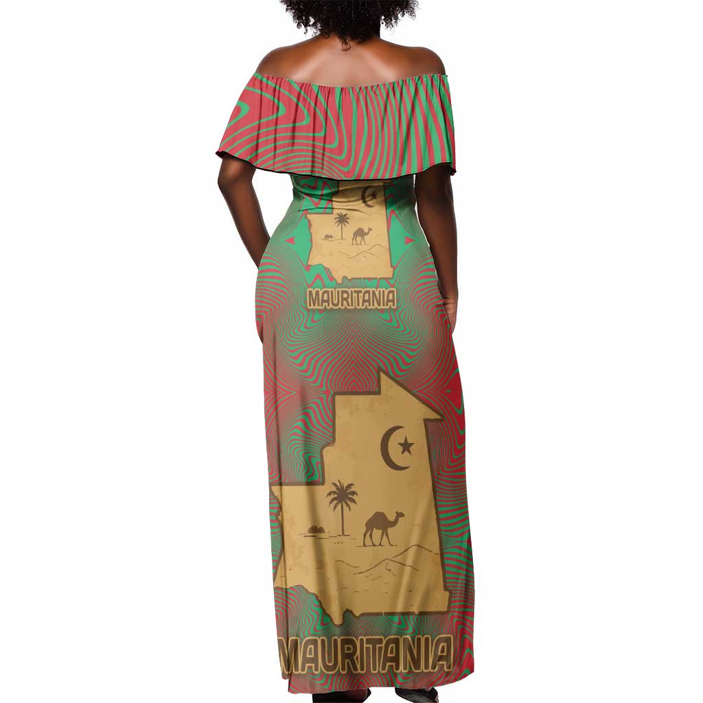 Mauritania Off Shoulder Maxi Dress - Desert Camel Crescent Moon and Palm Tree Graphic in Red Green Gold Pattern