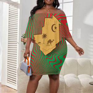 Mauritania Off Shoulder Short Dress - Desert Camel Crescent Moon and Palm Tree Graphic in Red Green Gold Pattern